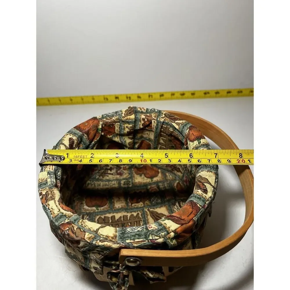 Vintage Wooden Basket Bent Wood Handle Cloth Lined Harvest Nailed Bottom